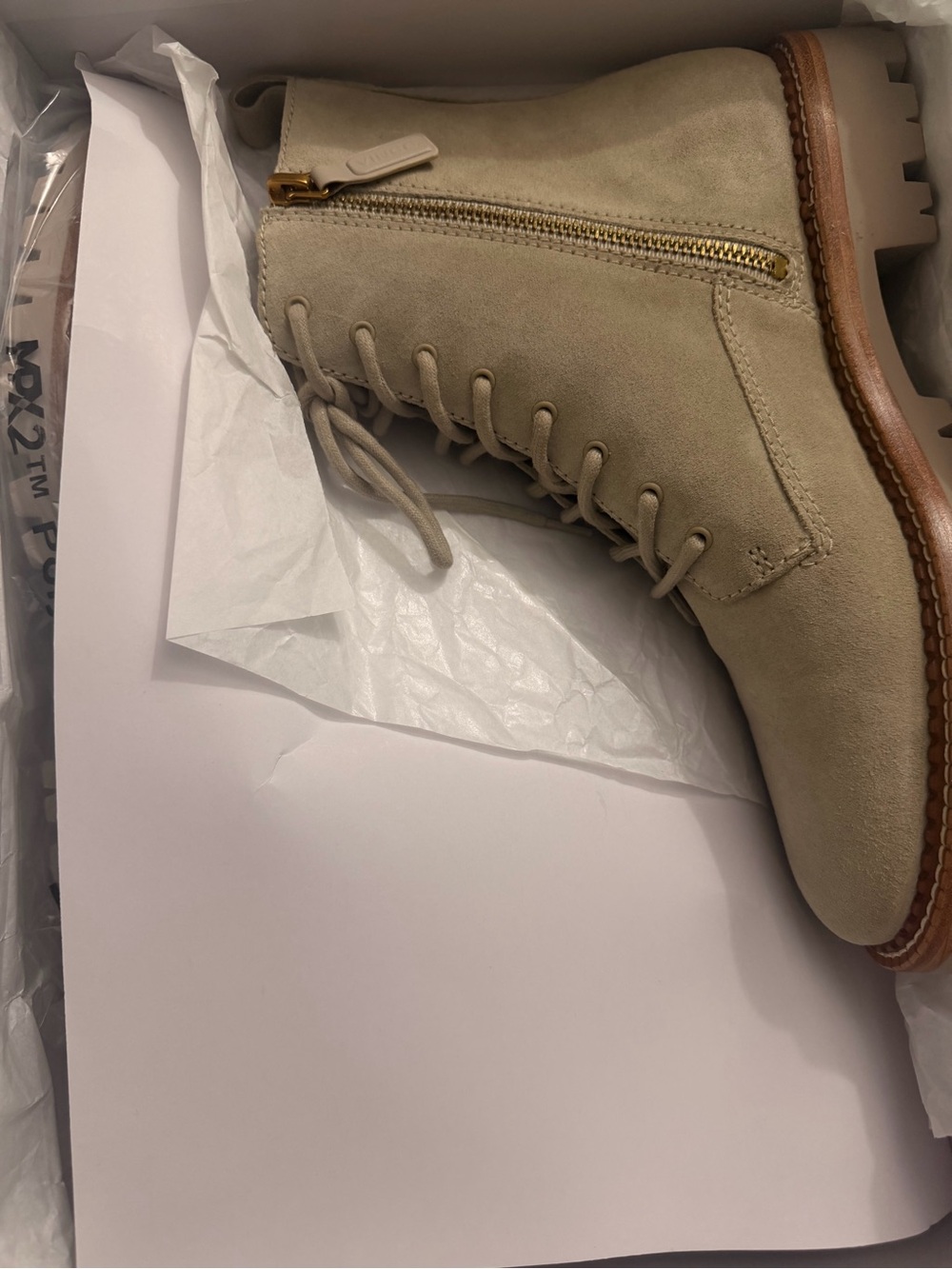 Vince Taupe Suede Lace-Up Ankle Boots with Gold Zip